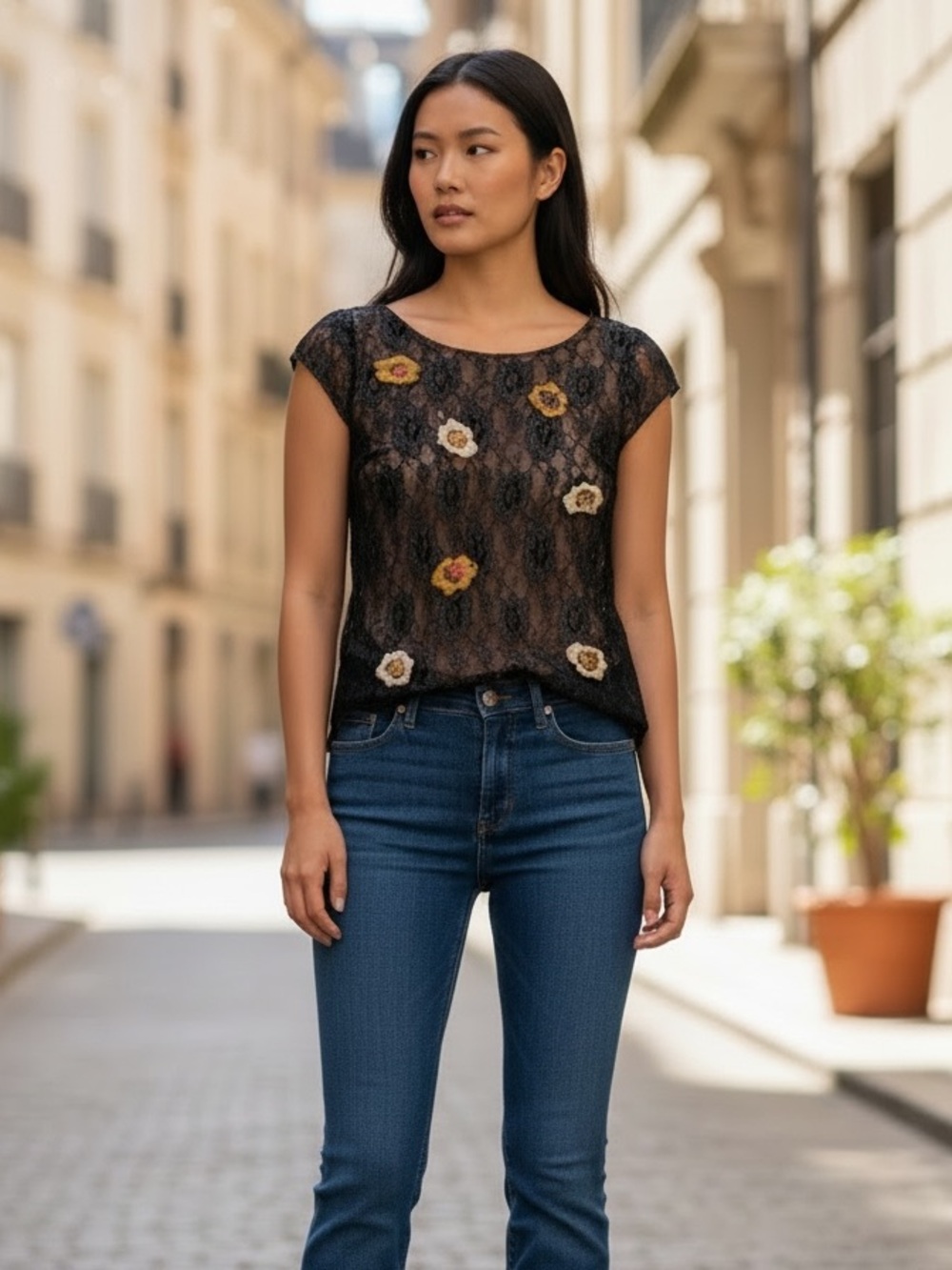 Moulinette Soeurs Black Lace Floral Applique Cap-Sleeve Top Sparkle Boho Size 8
